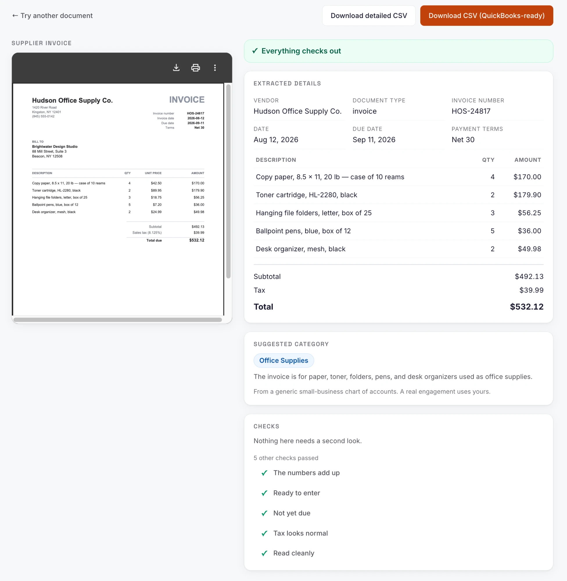 Efficiency Agent showing a supplier invoice alongside the extracted details, suggested category and validation checks
